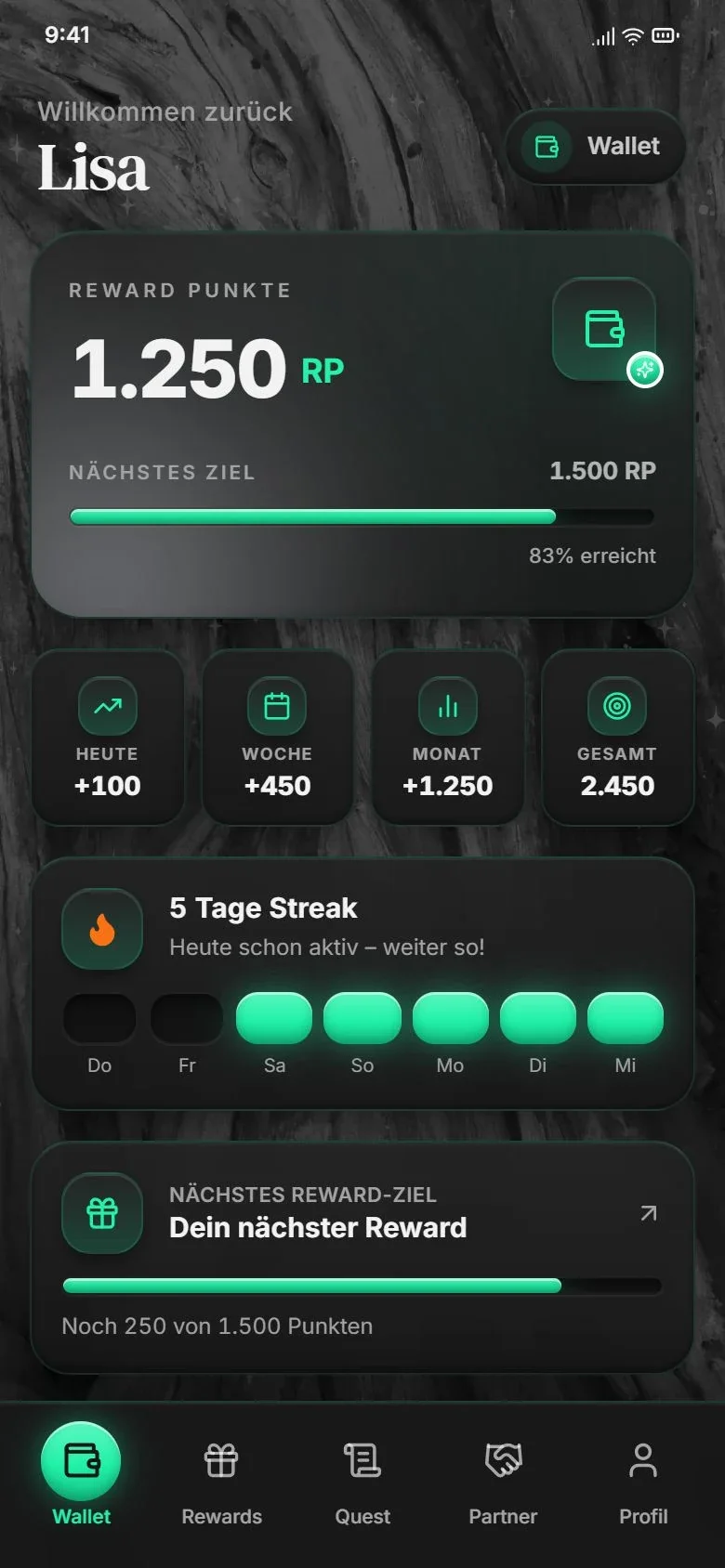 Dunkle Wallet von Lisa · App-Ansichten mit Beispieldaten