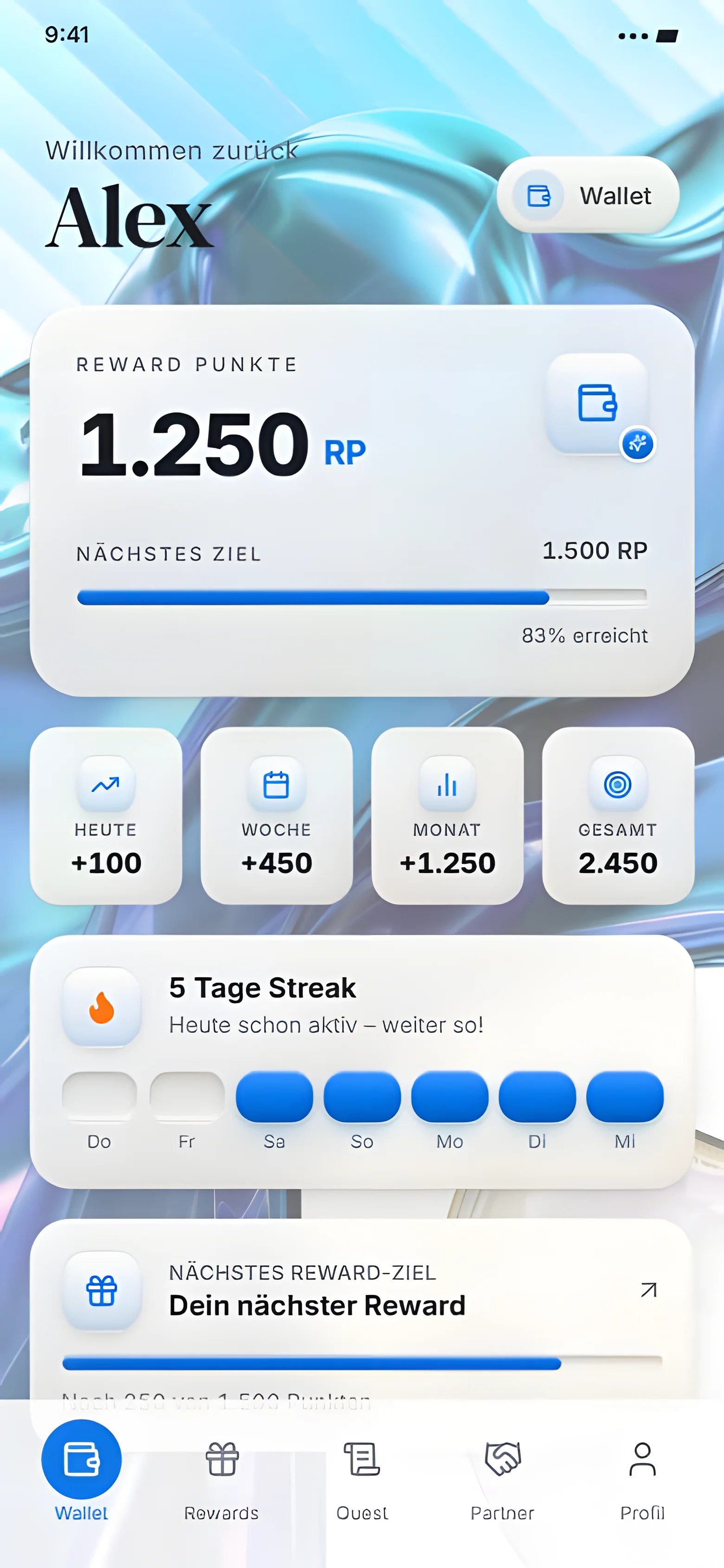 Helle Wallet von Alex · App-Ansichten mit Beispieldaten